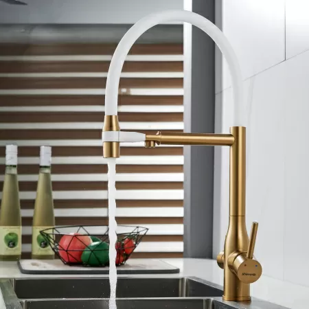 Смеситель для кухни с гибким изливом и подключением фильтра Shevanik S378G, золотой сатин/белый