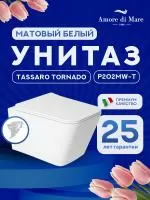Унитаз подвесной безободковый Amore di Mare Tassaro Tornado P202MW-T Matte White, прямоугольный белый матовый, антивсплеск, фарфоровый, быстросъемное сиденье дюропласт с крышкой микролифт