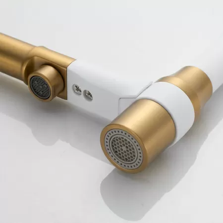 Смеситель для кухни с гибким изливом и подключением фильтра Shevanik S378G, золотой сатин/белый