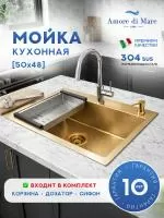 Мойка для кухни из нержавеющей стали Amore di Mare Favo Pelle FP5048G-2, 500х480х220 мм: мойка, корзина, дозатор, сифон. Цвет: золото.