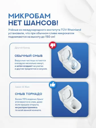 Унитаз моноблок безободковый Amore di Mare Tevere Tornado M618-T белый итальянский, антивсплеск, фарфоровый, быстросъемное сиденье дюропласт с крышкой микролифт, чаша с антибактериальным покрытием