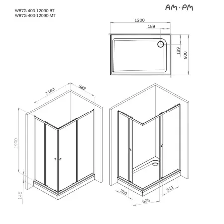 W87G-403-12090-MT Sunny Душевое ограждение AM.PM прямоугольное, раздвижн двери 120x90 серебро,стекло прозрачн