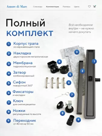 Трап для душа Amore di Mare Verso SD-90GM, 900х70 мм, оборачиваемый под плитку, оружейная сталь