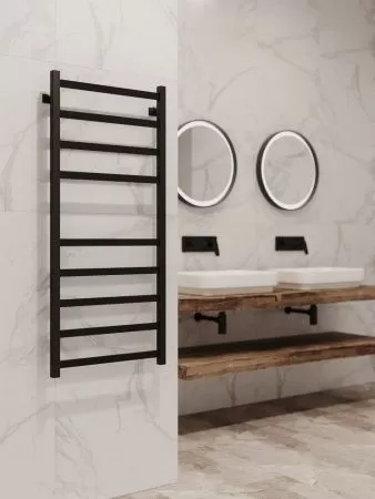 Полотенцесушитель водяной Stinox Prestige 500x1200, нижнее подключение, черный матовый, 1/2" ВР (внутренняя резьба), 9 перекладин