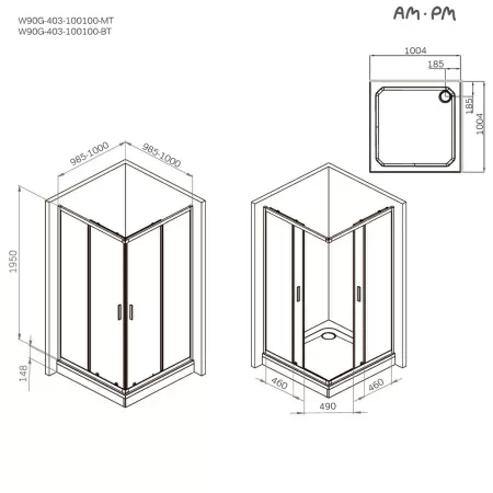 W90G-403-100100-BT Gem Душевое ограждение AM.PM квадратн.,раздвиж.двери 100x100 черный мат.,стекло прозрачное