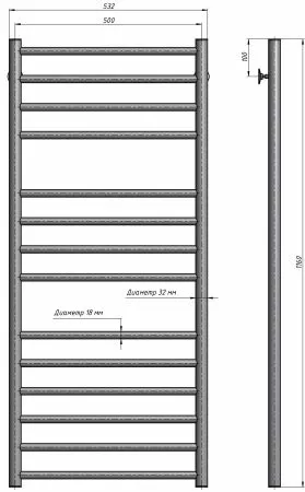 Полотенцесушитель водяной Stinox Toscana Luxe 500x1200, нижнее подключение, черный матовый, 1/2" ВР (внутренняя резьба), 14 перекладин