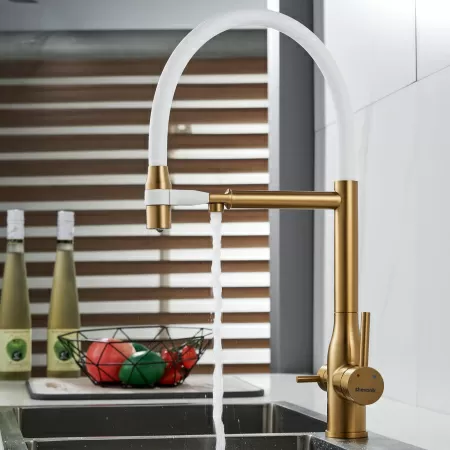 Смеситель для кухни с гибким изливом и подключением фильтра Shevanik S378G, золотой сатин/белый