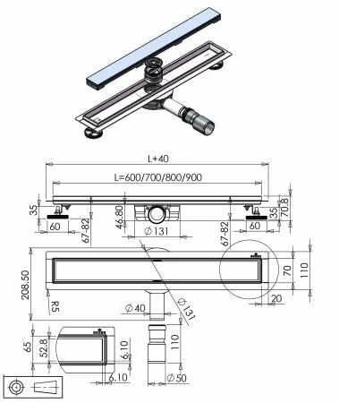 Душевой трап Roxen Black glass 91030-80 800x70x70