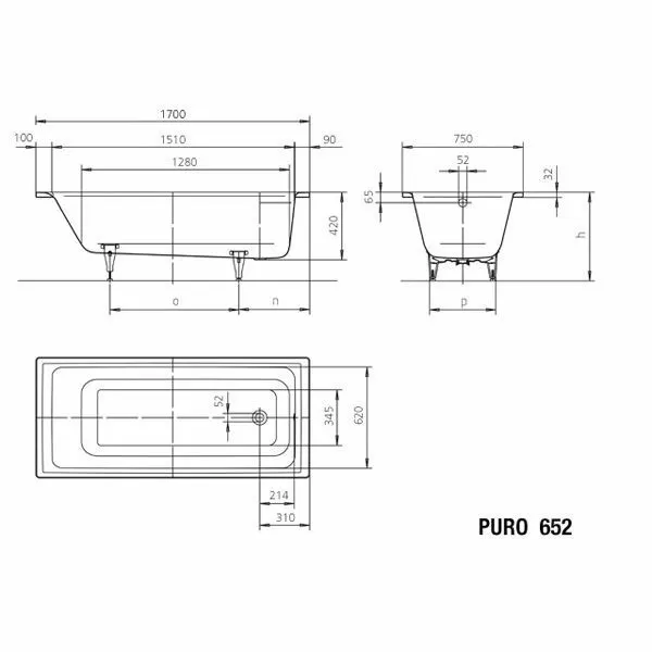 Стальная ванна Kaldewei PURO 170x75 (652) с антискользящим покрытием с ножками