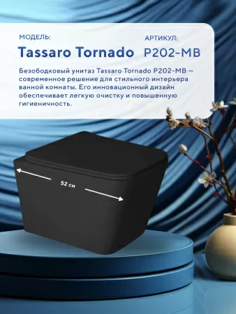 Унитаз подвесной безободковый Amore di Mare Tassaro Tornado P202-MB, прямоугольный черный, антивсплеск, фарфоровый, быстросъемное сиденье дюропласт с крышкой микролифт, антибактериальное покрытие