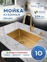 Мойка для кухни из нержавеющей стали Amore di Mare Alveo Gold AL5444G-1, 540х440х220 мм: мойка, дозатор, сифон. Цвет: золото.