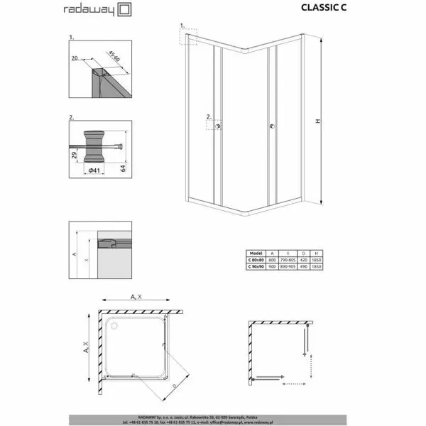 Душевой уголок Radaway Classic C 90x90x185 стекло прозрачное 30050-01-01